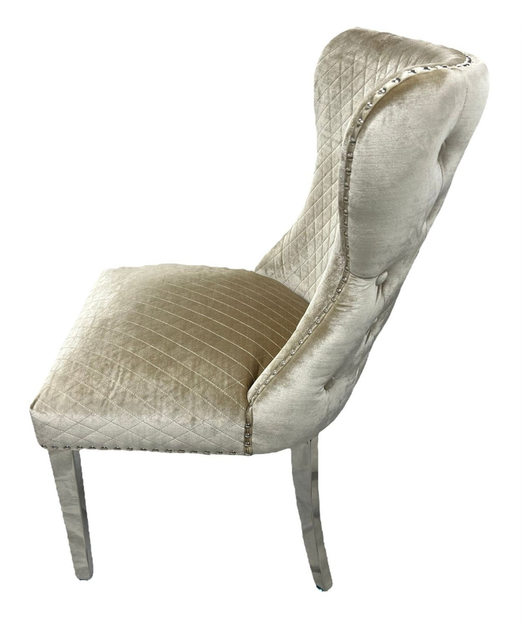 Mink Shimmer Velvet Dining Chair with Lion Knocker and Chrome Legs
