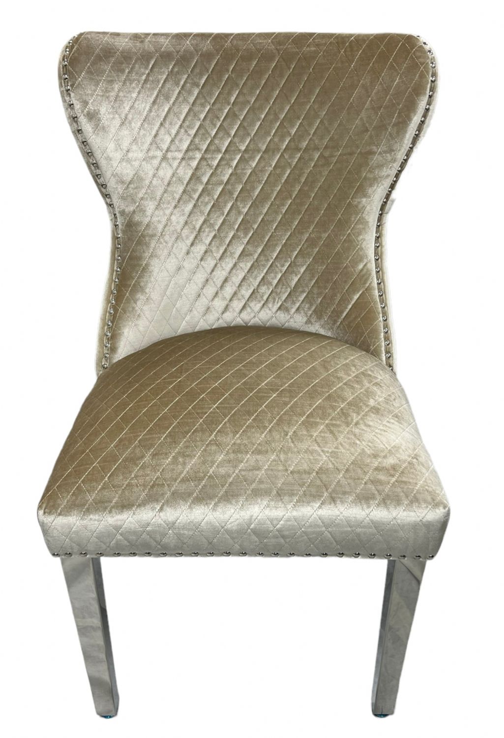 Mink Shimmer Velvet Dining Chair with Lion Knocker and Chrome Legs