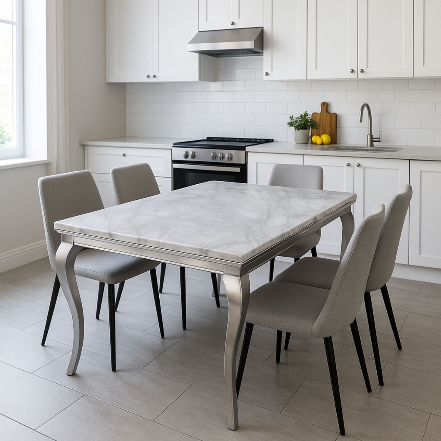 Grey Marble Effect 2.0m/1.5m/1.2m Dining Table with Chrome Italian Style Frame