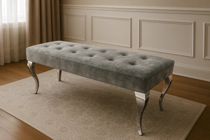 Dark Grey Velvet Upholstered 160cm Bench with Chrome Legs