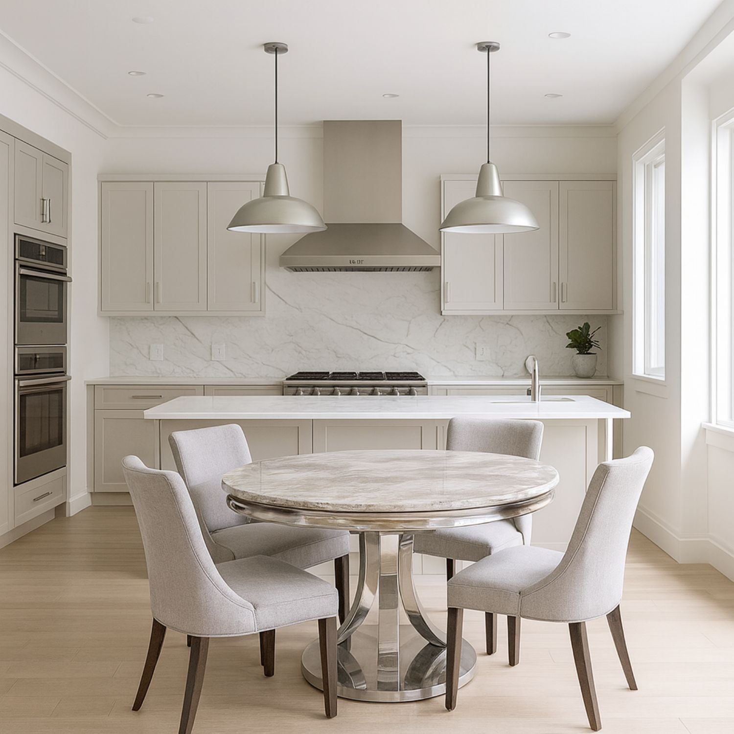 Grey Marble Round Dining Table with Chrome Pedestal Base 130cm