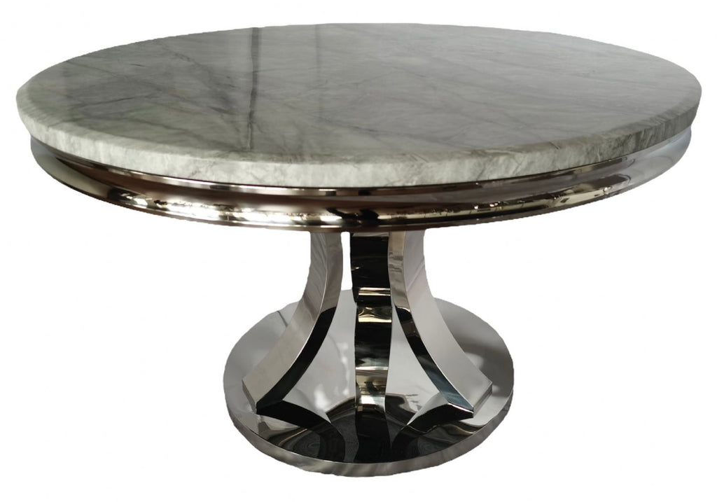 Grey Marble Round Dining Table with Chrome Pedestal Base 130cm