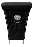 Crushed Black Velvet Dining Chair with Lion Knocker and Chrome Legs