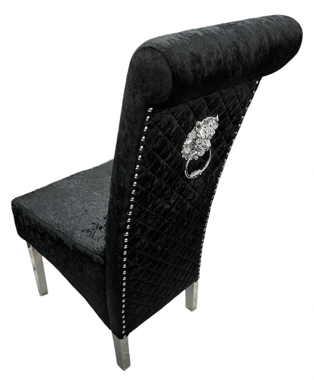 Crushed Black Velvet Dining Chair with Lion Knocker and Chrome Legs