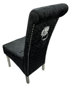 Crushed Black Velvet Dining Chair with Lion Knocker and Chrome Legs