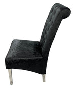 Crushed Black Velvet Dining Chair with Lion Knocker and Chrome Legs