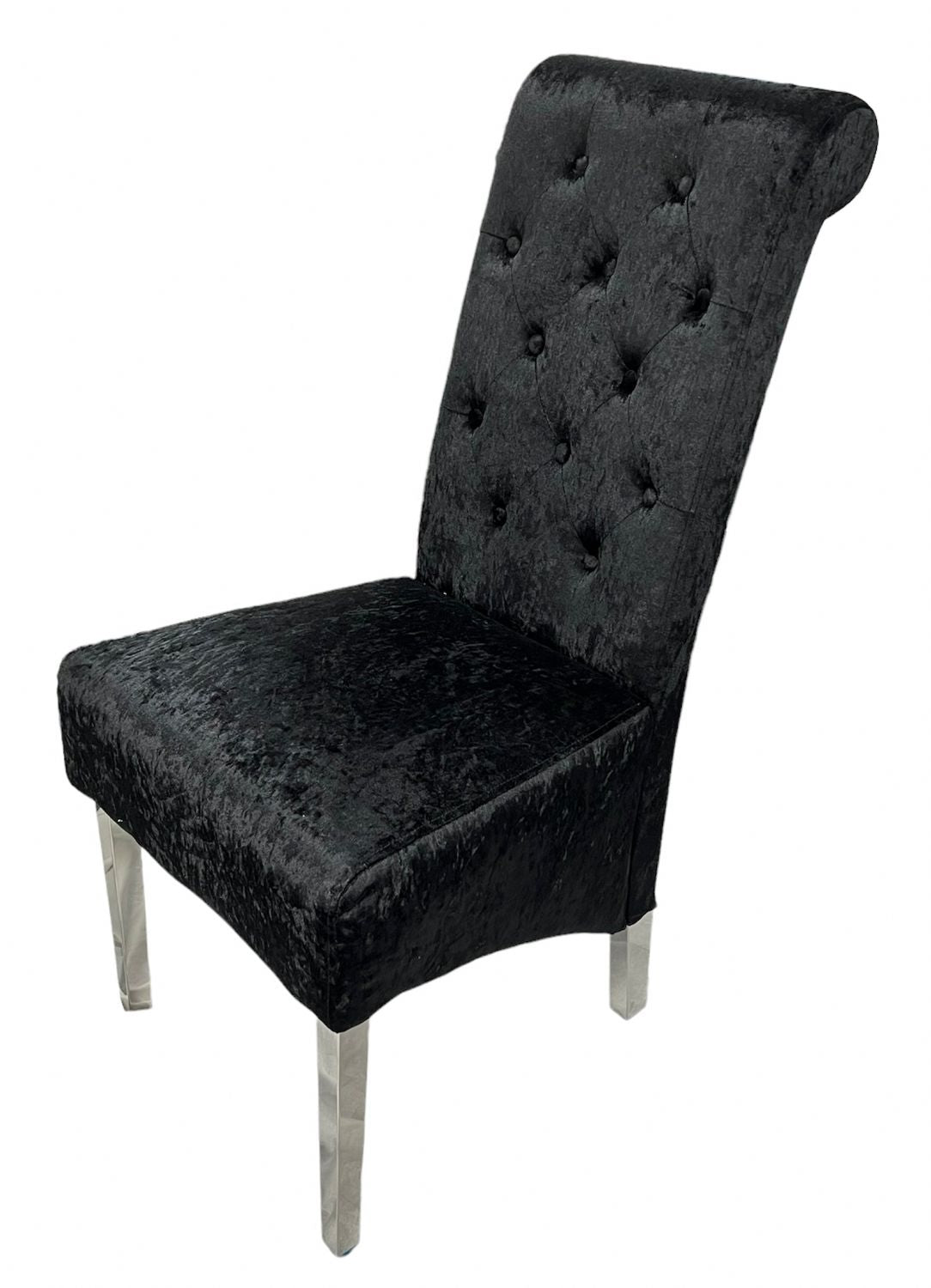 Crushed Black Velvet Dining Chair with Lion Knocker and Chrome Legs