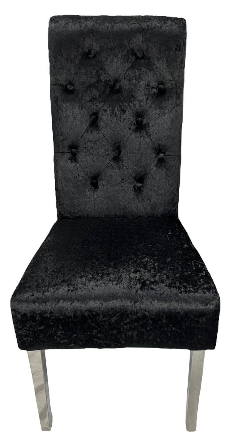Crushed Black Velvet Dining Chair with Lion Knocker and Chrome Legs