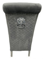 Dark Grey Velvet Dining Chair with Lion Knocker and Chrome Legs
