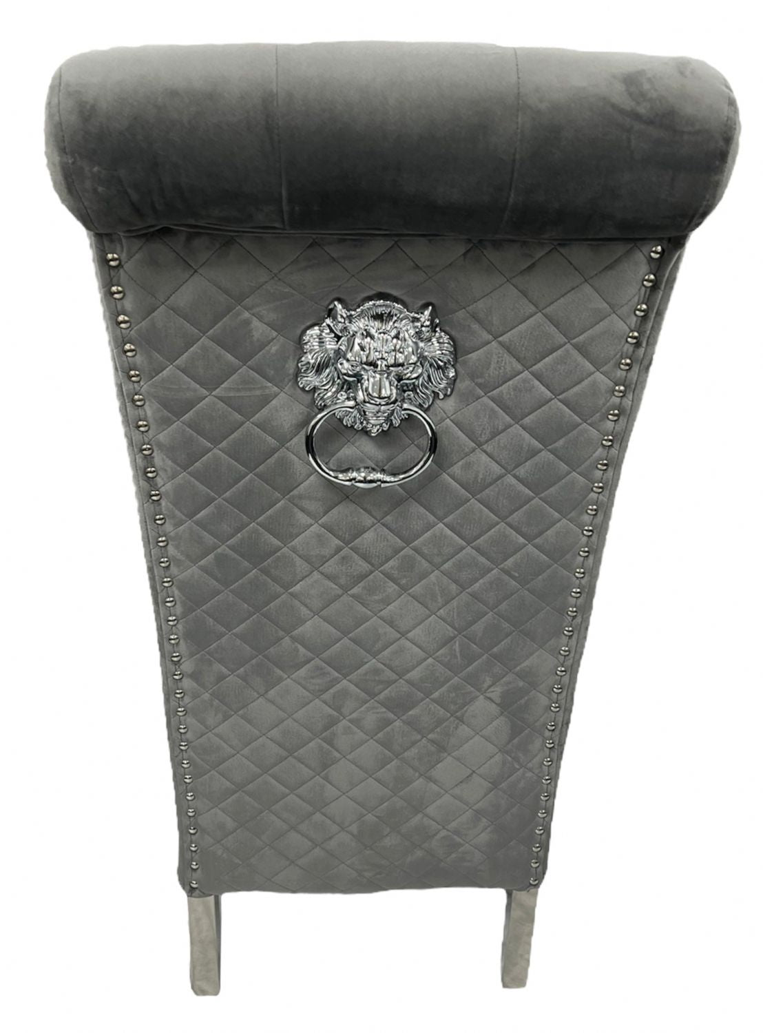 Dark Grey Velvet Dining Chair with Lion Knocker and Chrome Legs