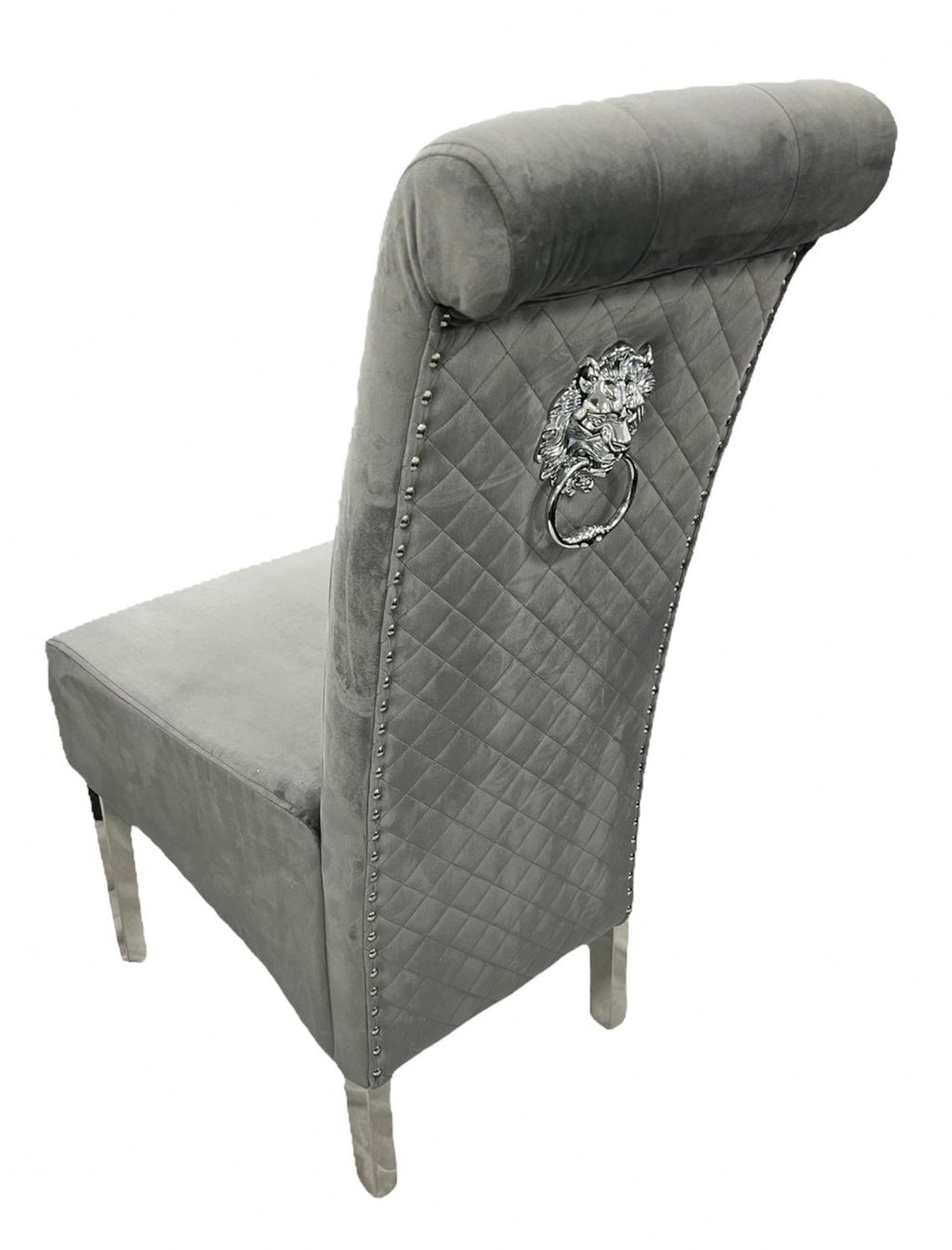 Dark Grey Velvet Dining Chair with Lion Knocker and Chrome Legs