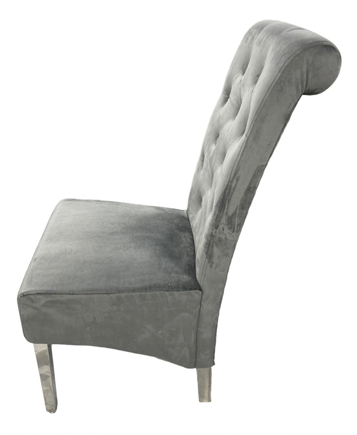 Dark Grey Velvet Dining Chair with Lion Knocker and Chrome Legs