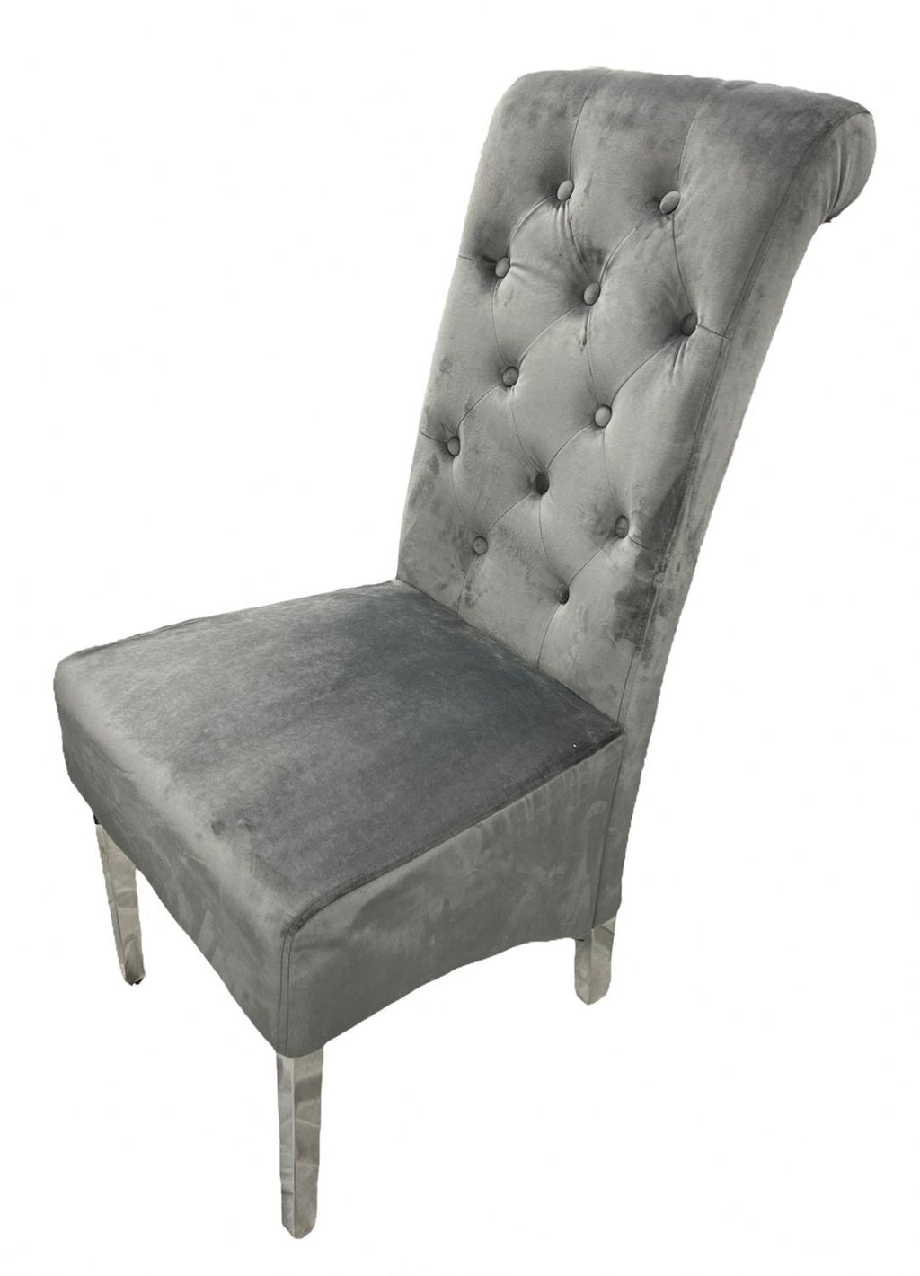Dark Grey Velvet Dining Chair with Lion Knocker and Chrome Legs