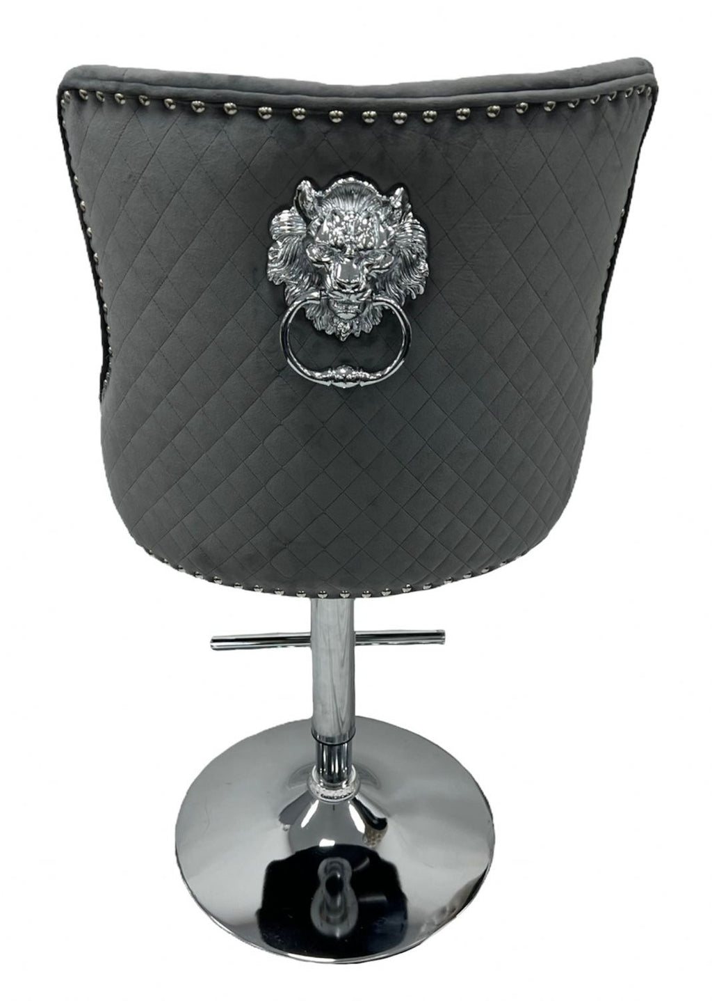 Dark Grey Velvet Button Tufted Bar Stool with Chrome Base and Lion Knocker