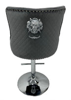 Dark Grey Velvet Button Tufted Bar Stool with Chrome Base and Lion Knocker