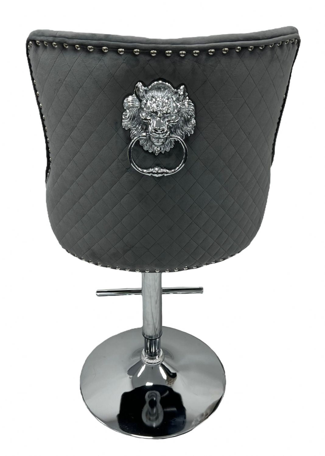 Dark Grey Velvet Button Tufted Bar Stool with Chrome Base and Lion Knocker