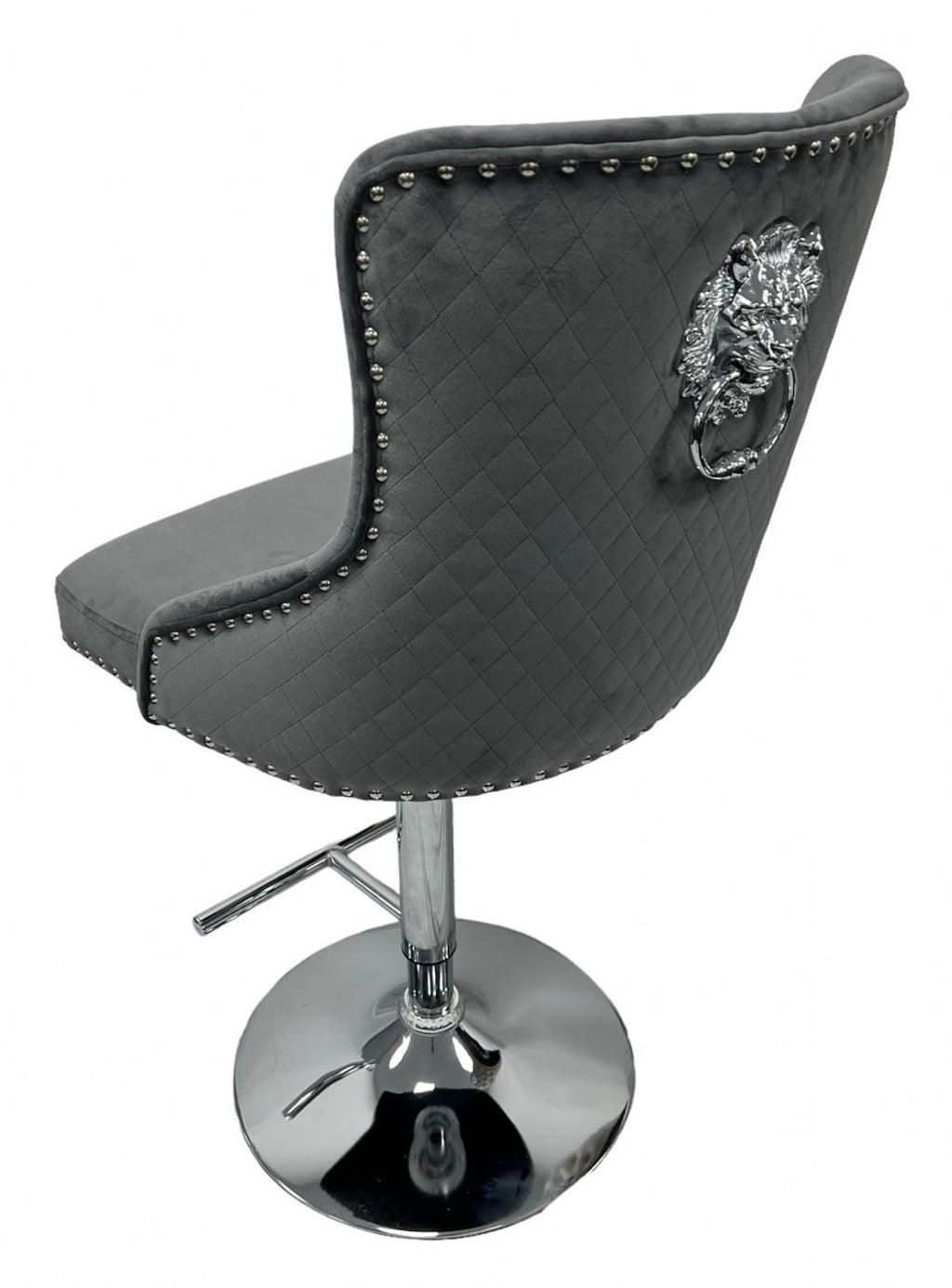 Dark Grey Velvet Button Tufted Bar Stool with Chrome Base and Lion Knocker