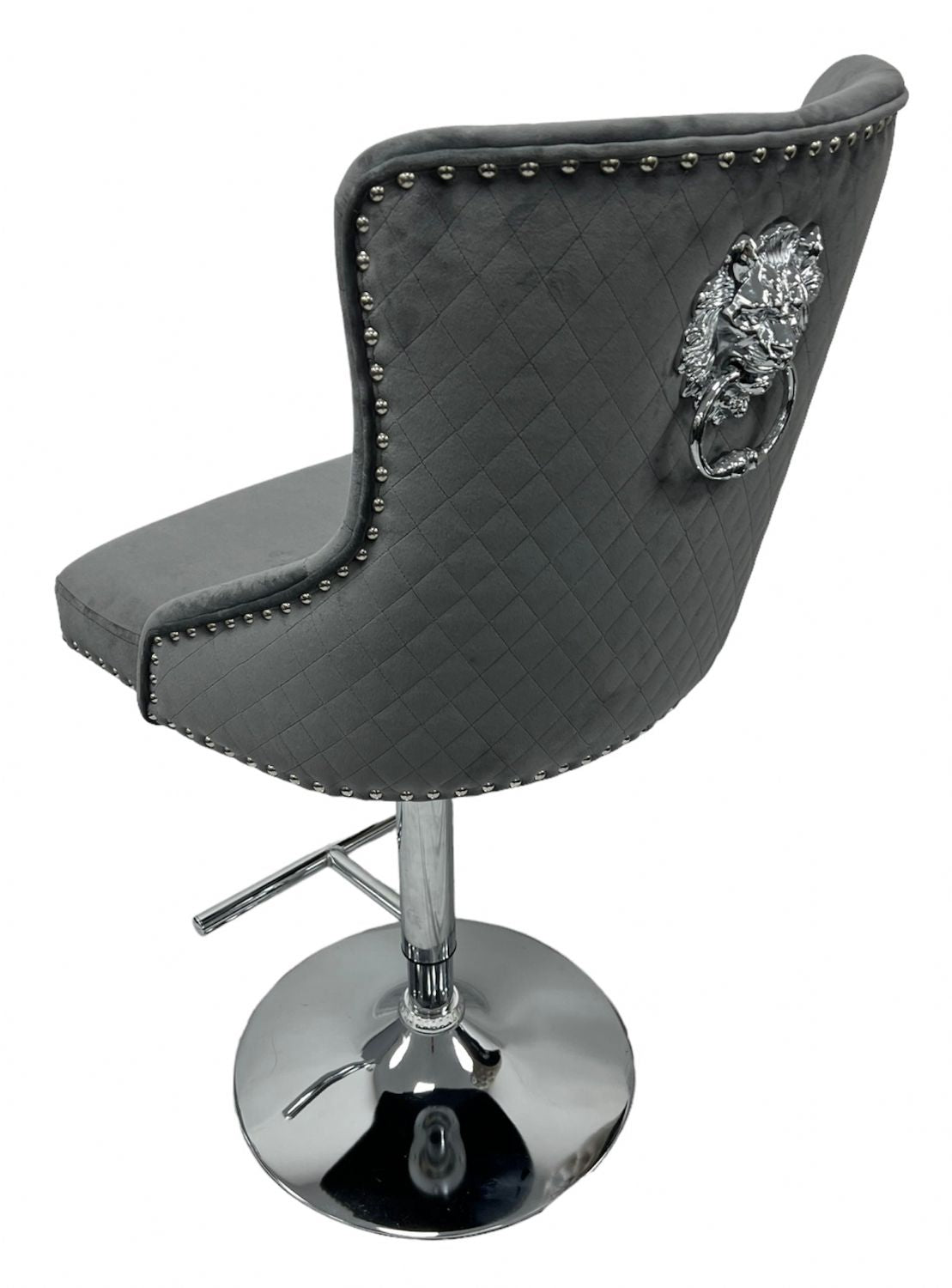 Dark Grey Velvet Button Tufted Bar Stool with Chrome Base and Lion Knocker