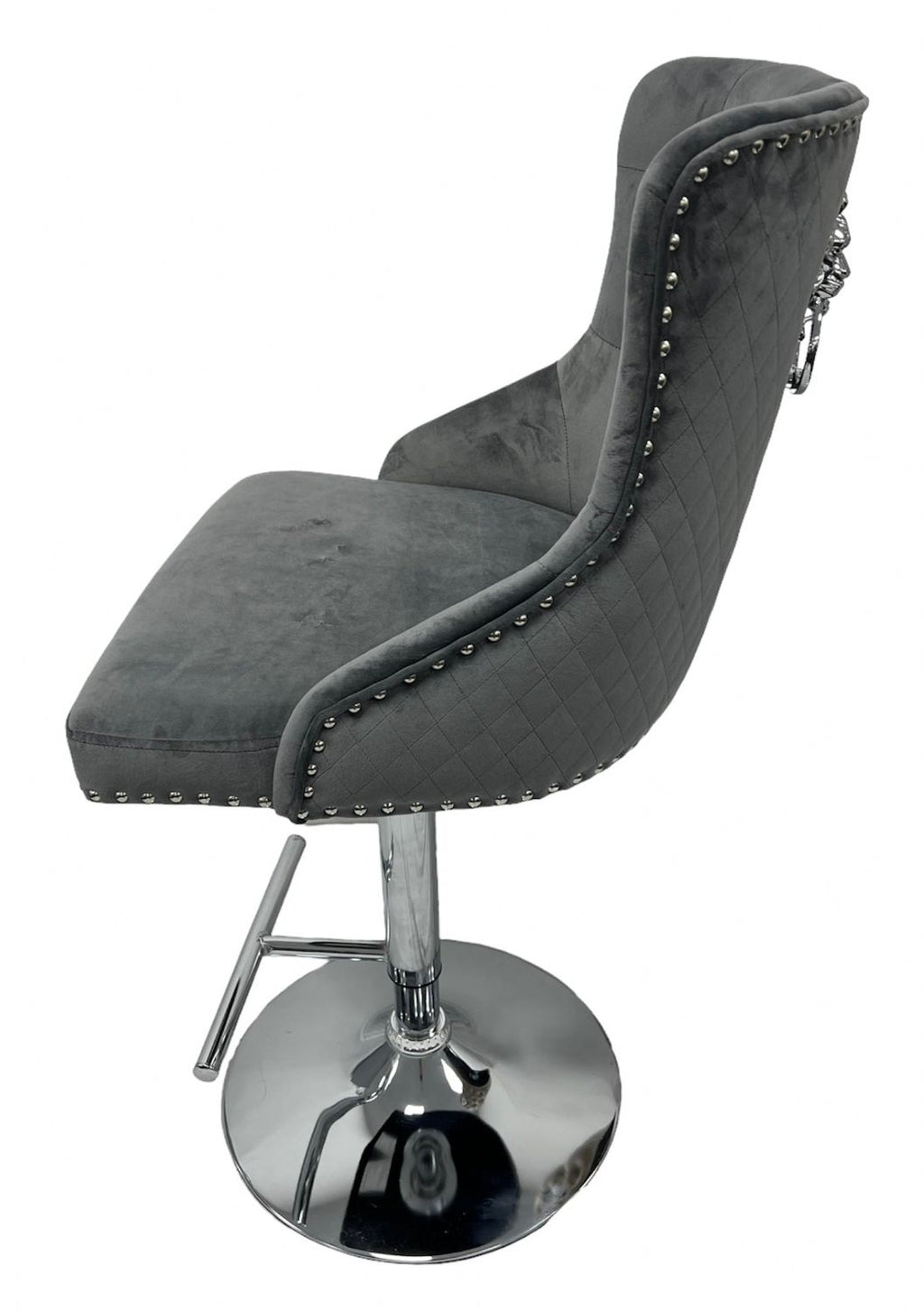 Dark Grey Velvet Button Tufted Bar Stool with Chrome Base and Lion Knocker