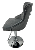 Dark Grey Velvet Button Tufted Bar Stool with Chrome Base and Lion Knocker