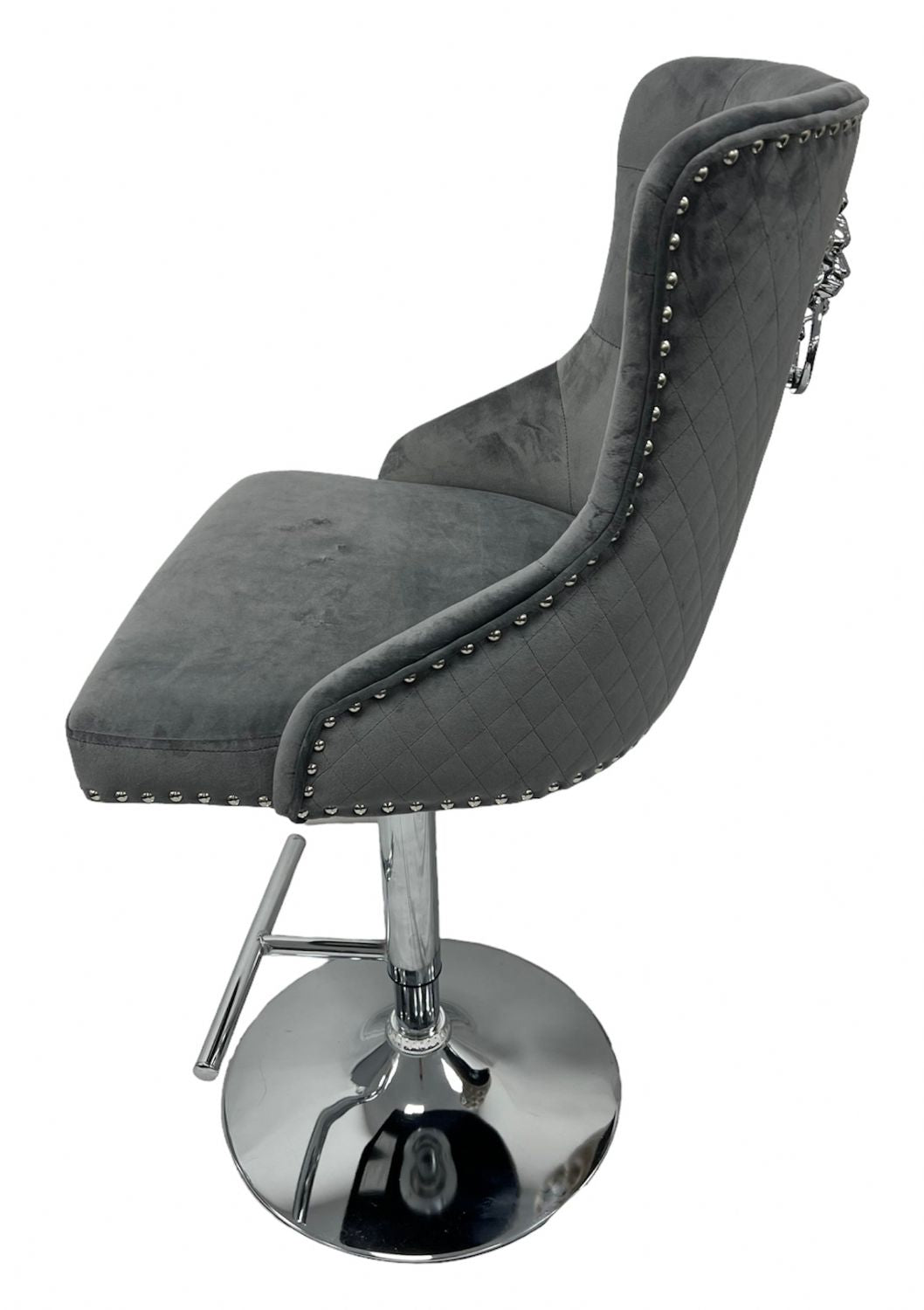 Dark Grey Velvet Button Tufted Bar Stool with Chrome Base and Lion Knocker