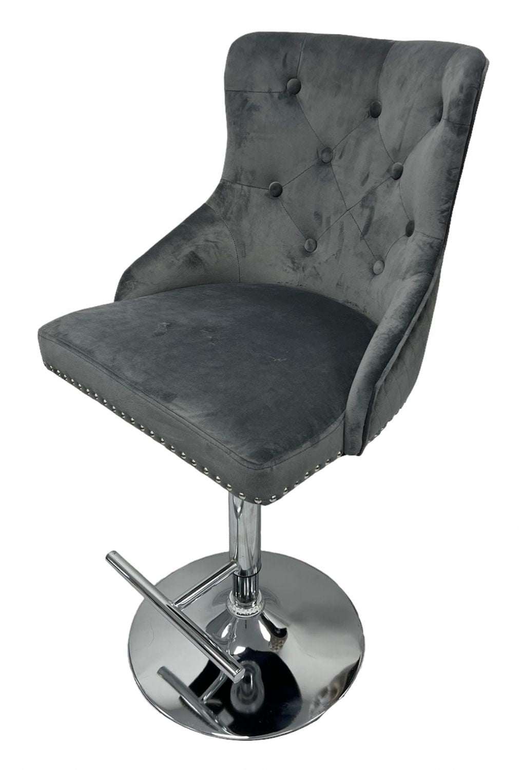 Dark Grey Velvet Button Tufted Bar Stool with Chrome Base and Lion Knocker
