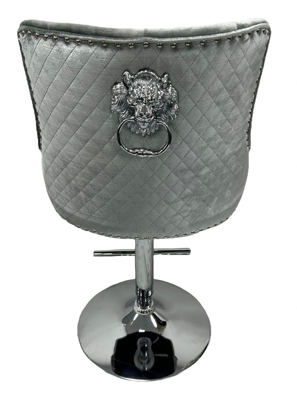 Silver Grey Shimmer Velvet Bar Stool with Lion Knocker and Chrome Pedestal Base