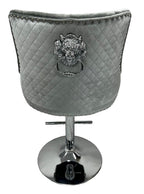 Silver Grey Shimmer Velvet Bar Stool with Lion Knocker and Chrome Pedestal Base