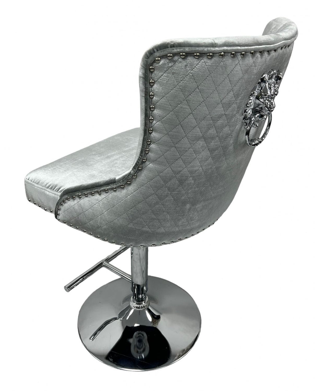 Silver Grey Shimmer Velvet Bar Stool with Lion Knocker and Chrome Pedestal Base