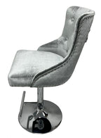 Silver Grey Shimmer Velvet Bar Stool with Lion Knocker and Chrome Pedestal Base