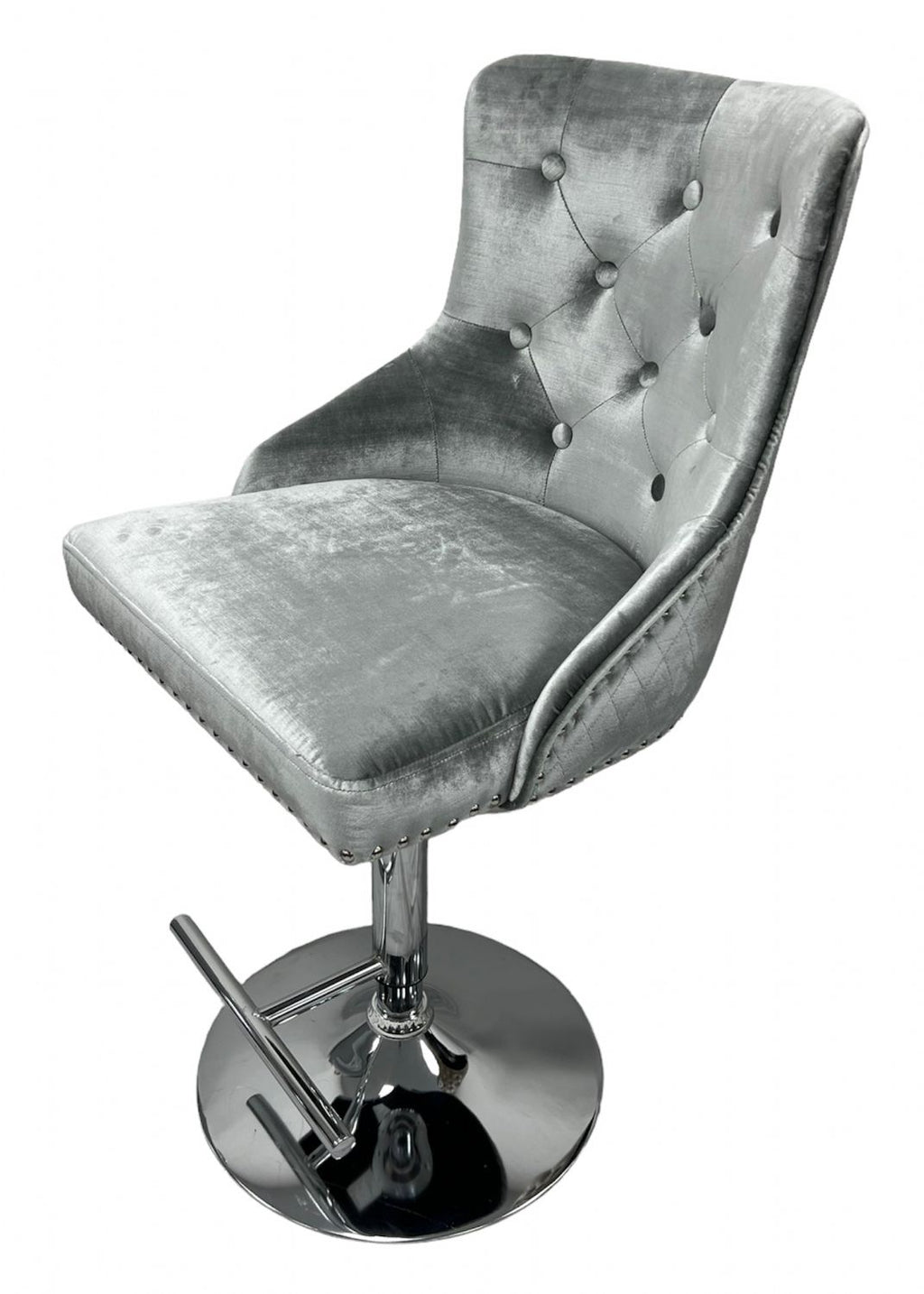 Silver Grey Shimmer Velvet Bar Stool with Lion Knocker and Chrome Pedestal Base