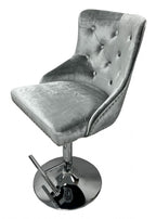 Silver Grey Shimmer Velvet Bar Stool with Lion Knocker and Chrome Pedestal Base