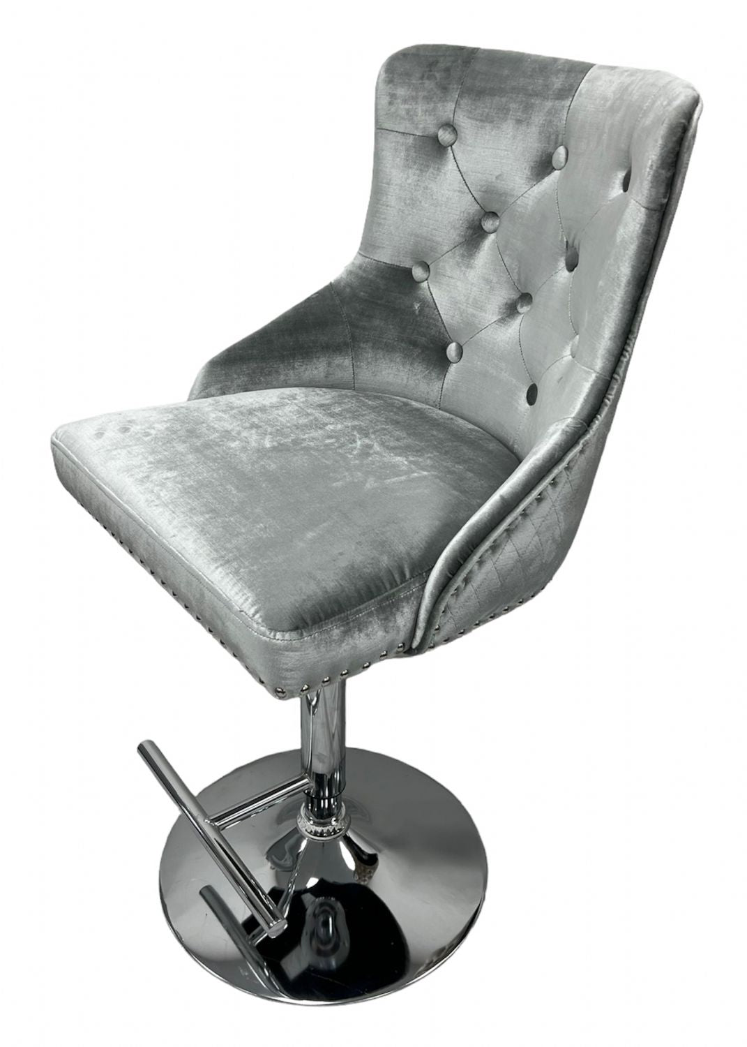 Silver Grey Shimmer Velvet Bar Stool with Lion Knocker and Chrome Pedestal Base