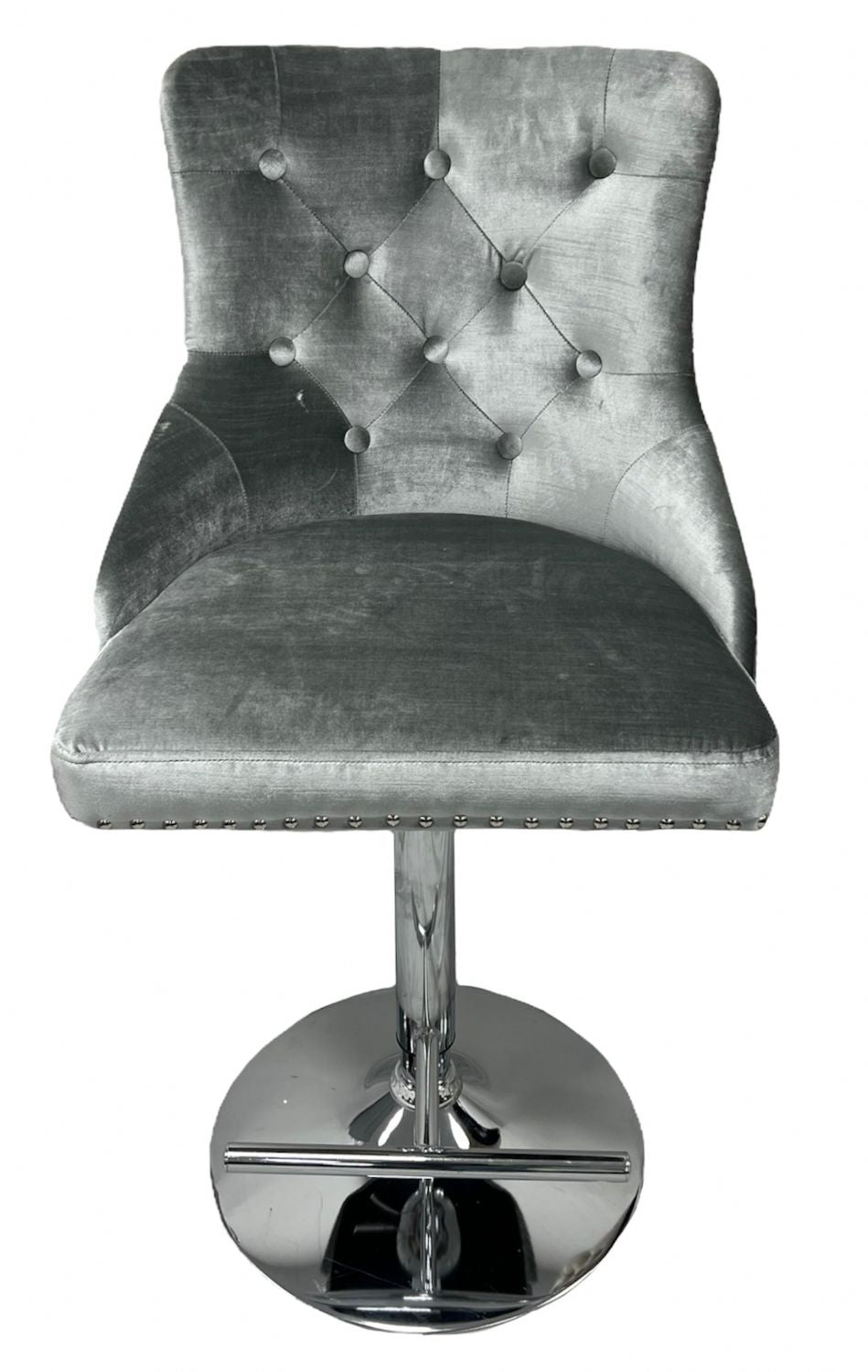 Silver Grey Shimmer Velvet Bar Stool with Lion Knocker and Chrome Pedestal Base