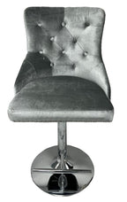 Silver Grey Shimmer Velvet Bar Stool with Lion Knocker and Chrome Pedestal Base