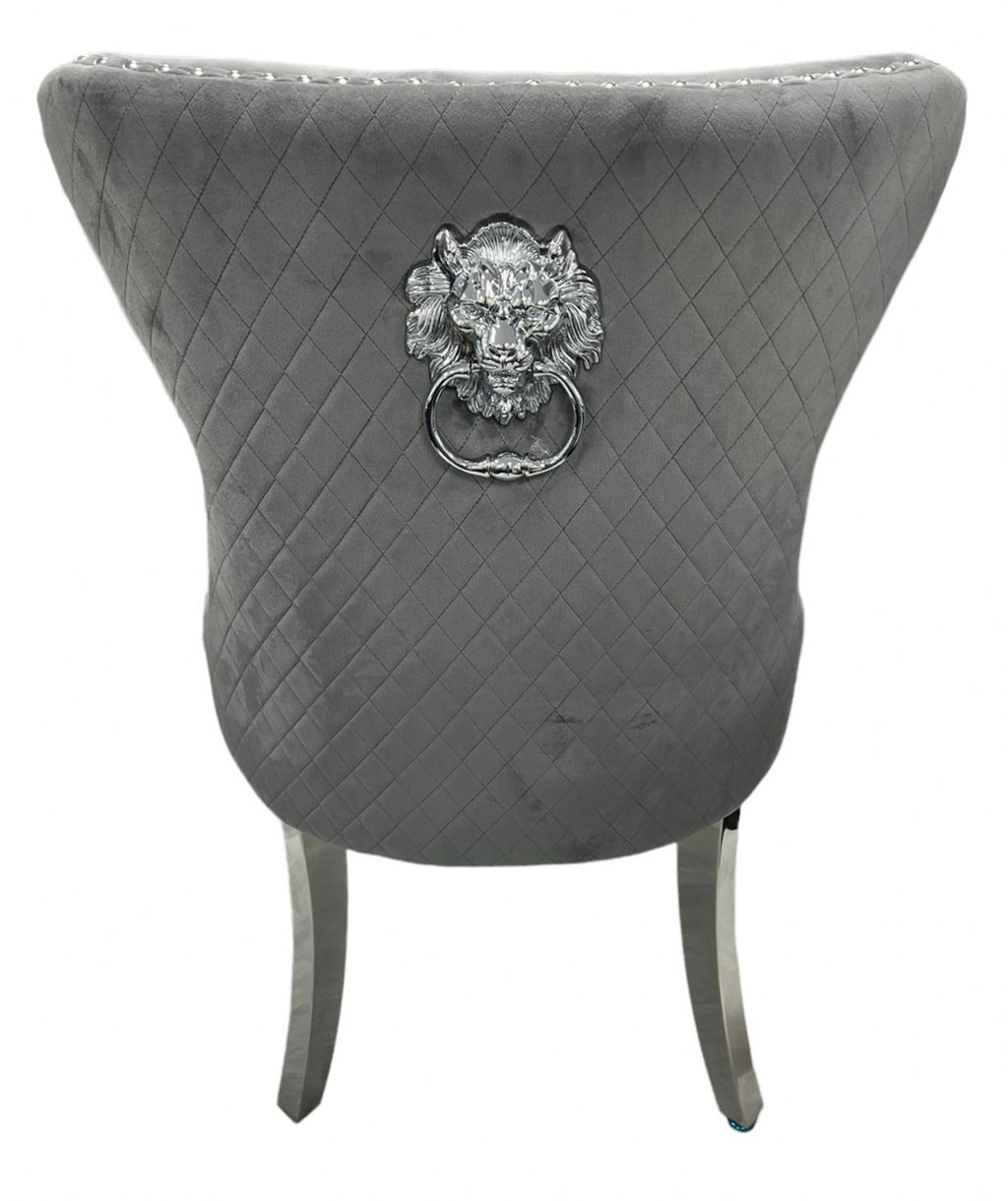 Dark Grey Velvet Dining Chair with Lion Knocker and Chrome Legs