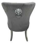 Dark Grey Velvet Dining Chair with Lion Knocker and Chrome Legs