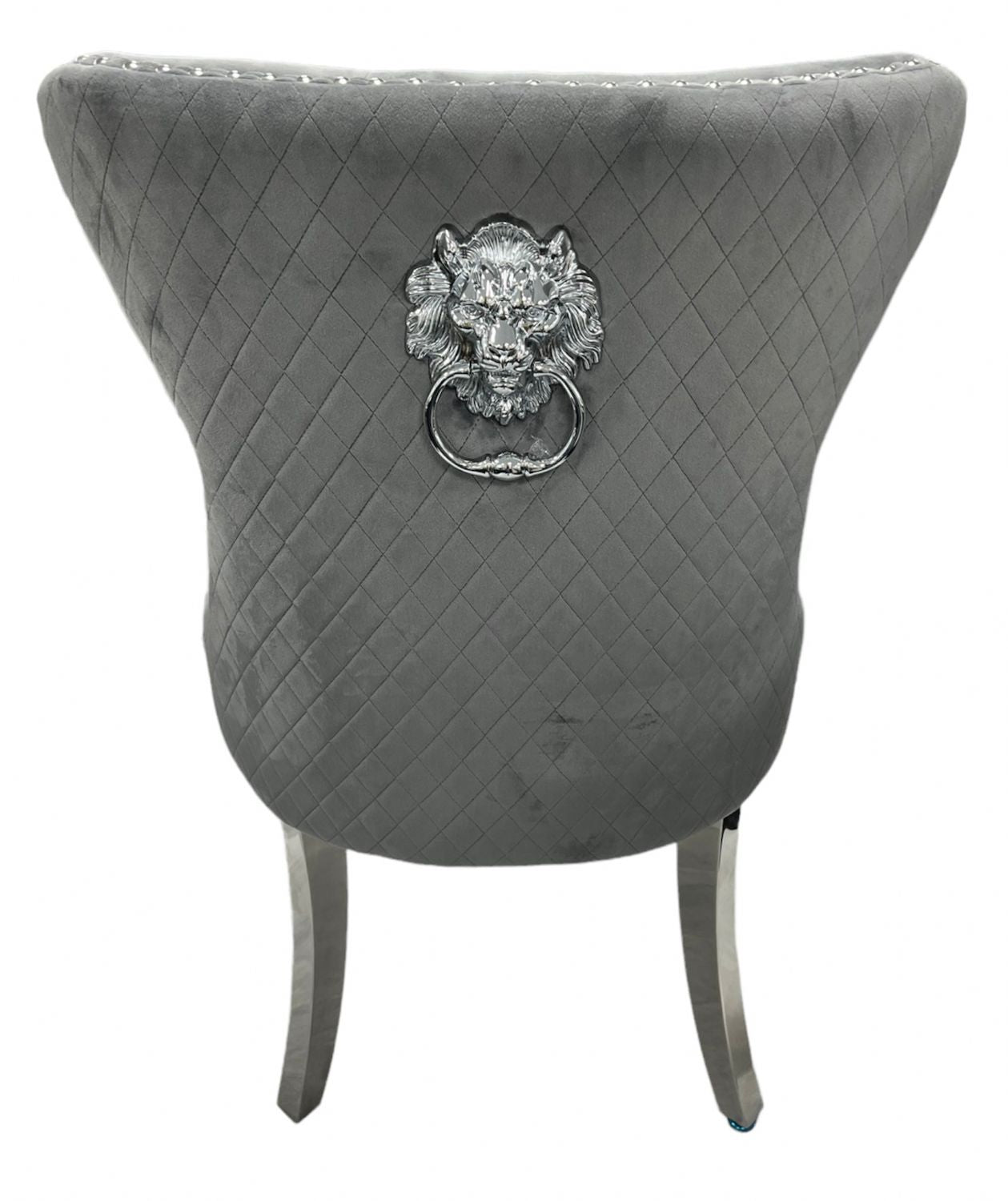 Dark Grey Velvet Dining Chair with Lion Knocker and Chrome Legs