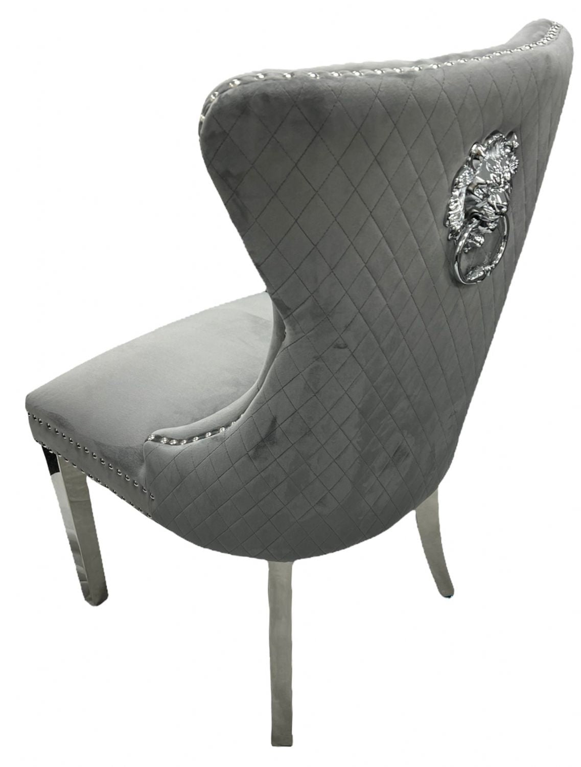 Dark Grey Velvet Dining Chair with Lion Knocker and Chrome Legs