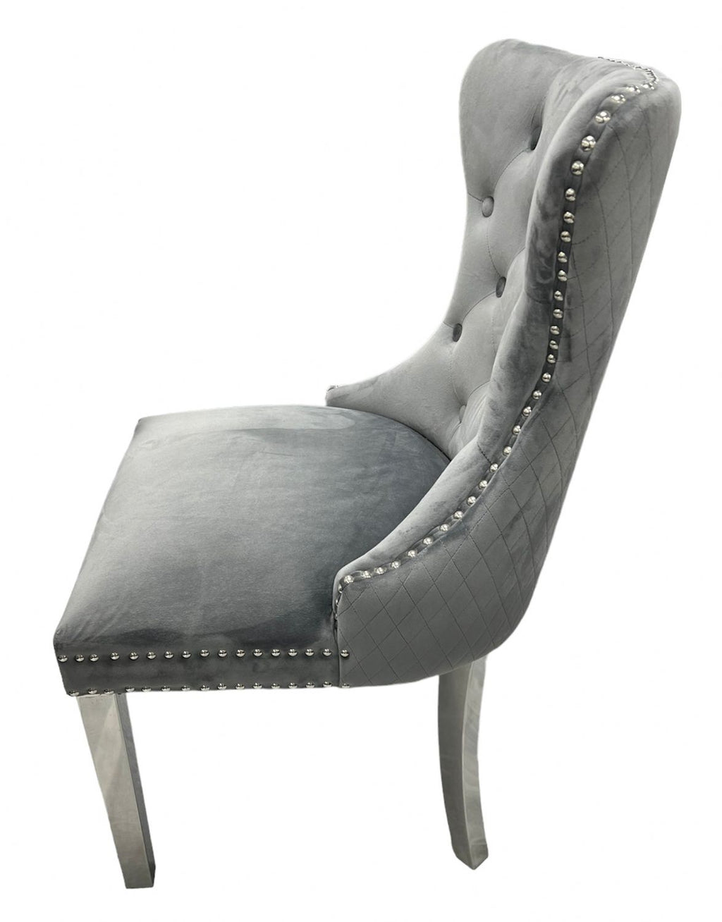 Dark Grey Velvet Dining Chair with Lion Knocker and Chrome Legs