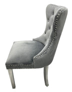 Dark Grey Velvet Dining Chair with Lion Knocker and Chrome Legs