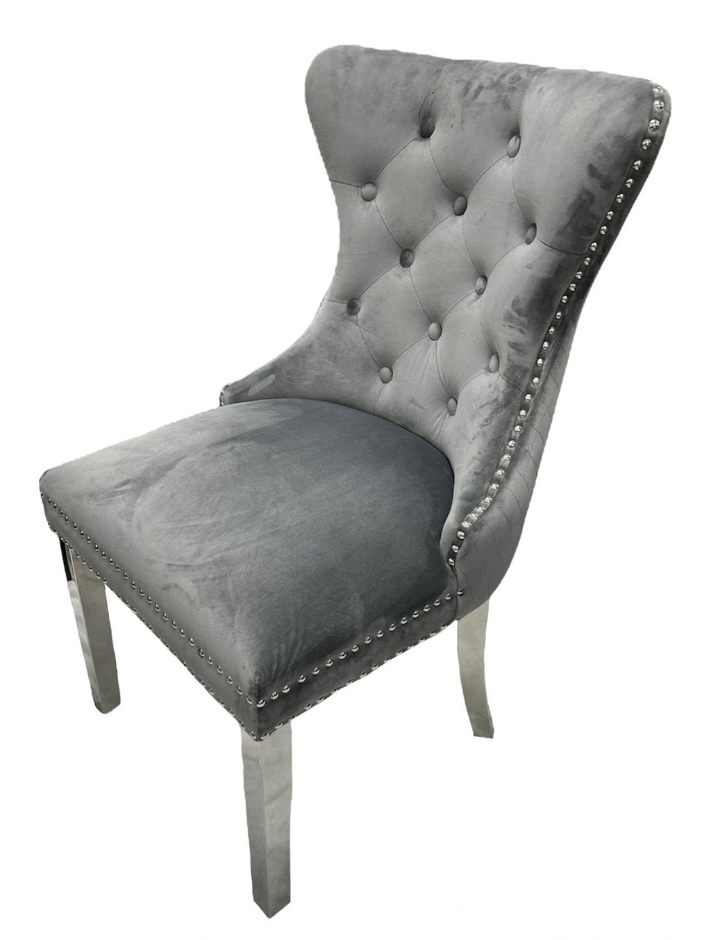 Dark Grey Velvet Dining Chair with Lion Knocker and Chrome Legs