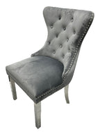 Dark Grey Velvet Dining Chair with Lion Knocker and Chrome Legs