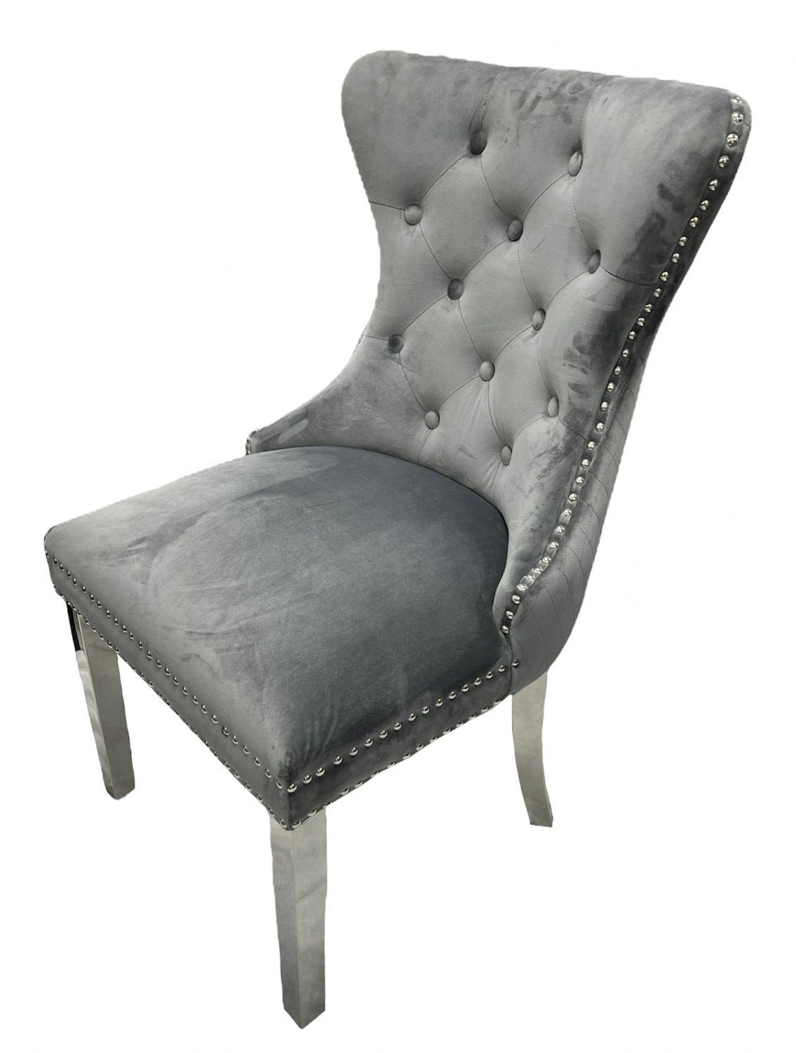 Dark Grey Velvet Dining Chair with Lion Knocker and Chrome Legs