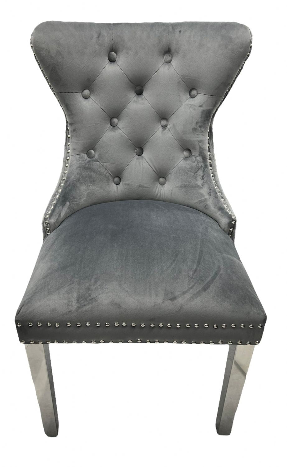 Dark Grey Velvet Dining Chair with Lion Knocker and Chrome Legs