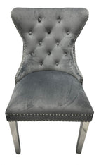 Dark Grey Velvet Dining Chair with Lion Knocker and Chrome Legs
