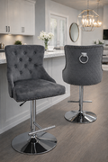 Dark Grey Velvet Bar Stool with Chrome Base and Ring Knocker Detail
