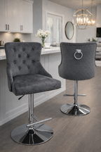 Dark Grey Velvet Bar Stool with Chrome Base and Ring Knocker Detail