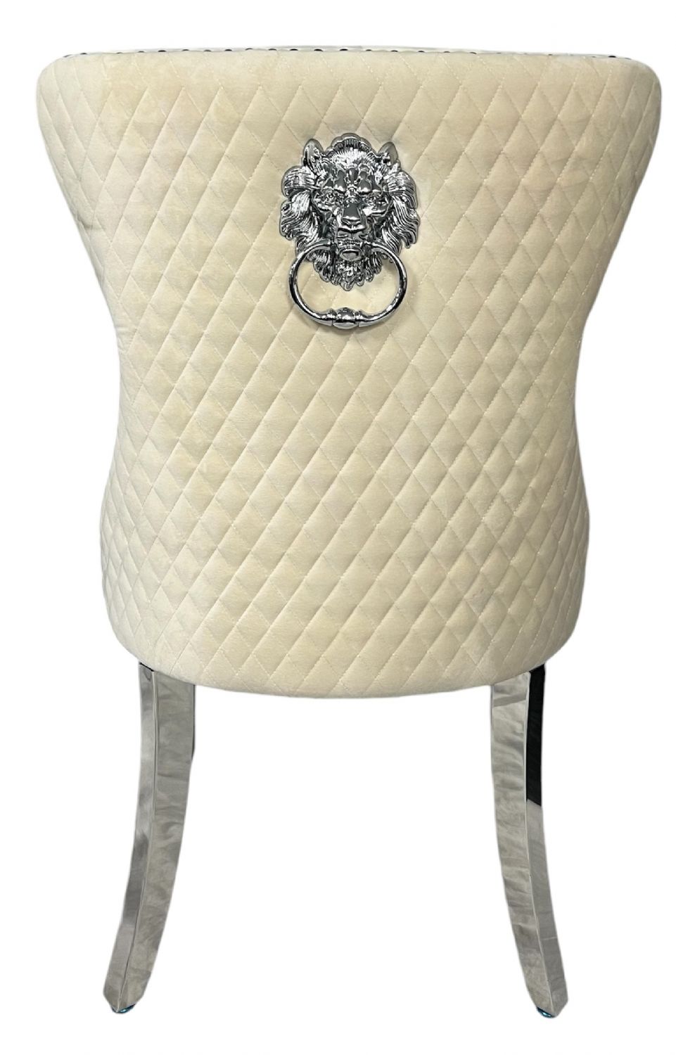 Ivory Velvet Dining Chair with Lion Knocker and Chrome Legs