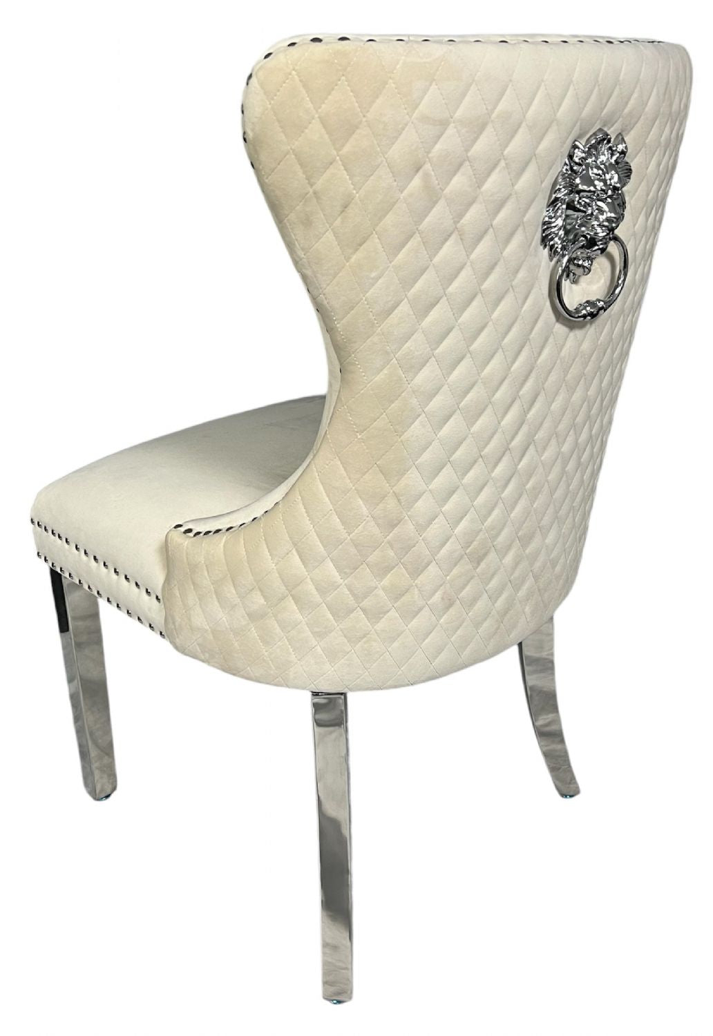 Ivory Velvet Dining Chair with Lion Knocker and Chrome Legs